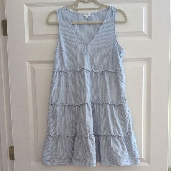 J.Crew Blue Striped Cotton Seersucker Ruffle Mini Dress Size 8 - Picture 3 of 12